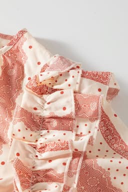 image-Red Frilled Short Puff Sleeve Mixed Print Blouse