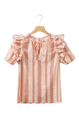 image-Red Frilled Short Puff Sleeve Mixed Print Blouse