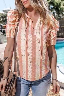 image-Red Frilled Short Puff Sleeve Mixed Print Blouse