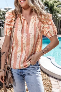 image-Red Frilled Short Puff Sleeve Mixed Print Blouse