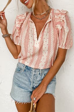 image-Red Frilled Short Puff Sleeve Mixed Print Blouse