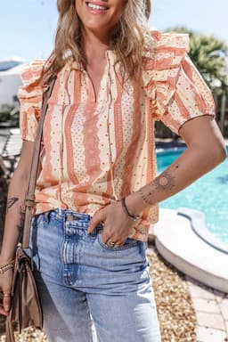 image-Red Frilled Short Puff Sleeve Mixed Print Blouse