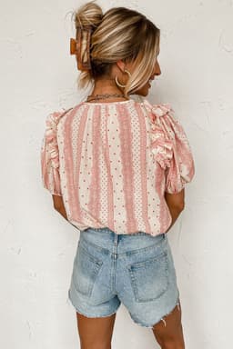 image-Red Frilled Short Puff Sleeve Mixed Print Blouse
