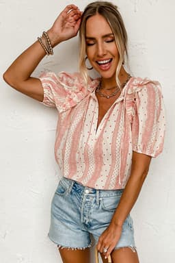 image-Red Frilled Short Puff Sleeve Mixed Print Blouse