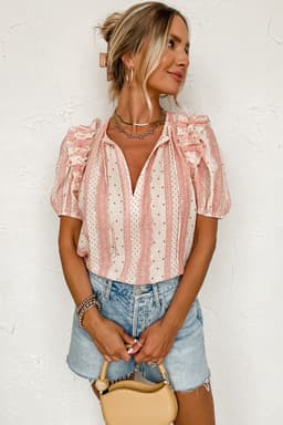 image-Red Frilled Short Puff Sleeve Mixed Print Blouse