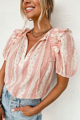 image-Red Frilled Short Puff Sleeve Mixed Print Blouse