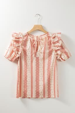 image-Red Frilled Short Puff Sleeve Mixed Print Blouse