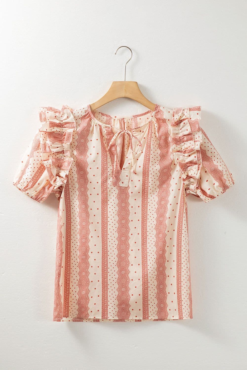 image-Red Frilled Short Puff Sleeve Mixed Print Blouse