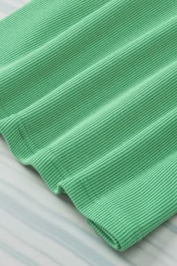image-Green Ribbed Knit Puffy Ruffle Sleeve Blouse