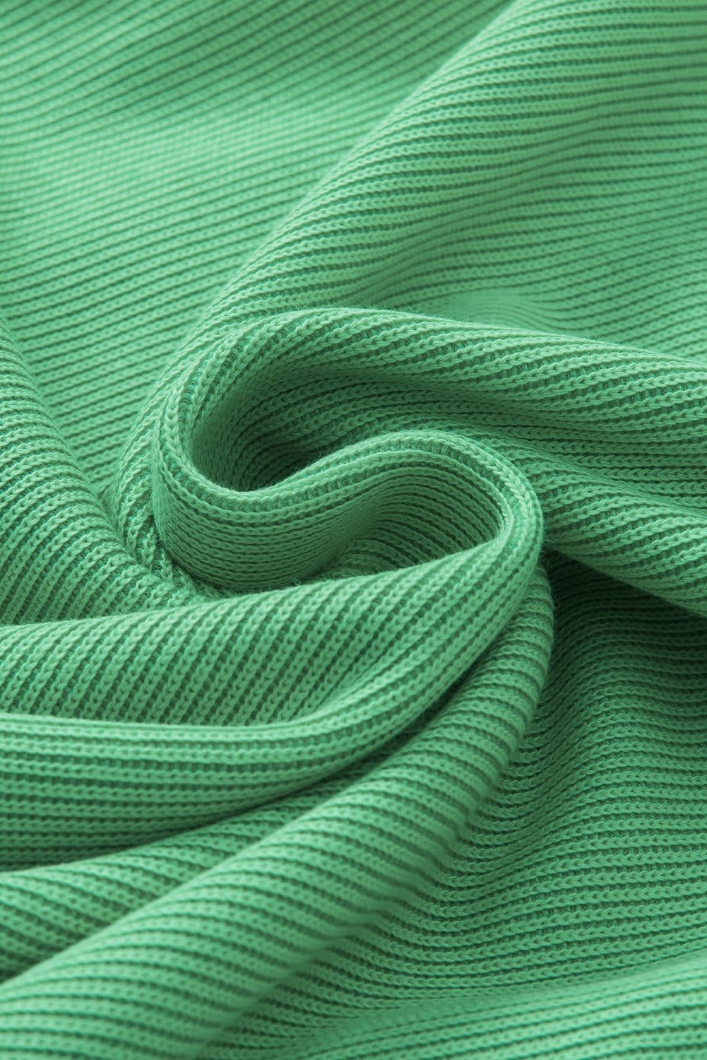 image-Green Ribbed Knit Puffy Ruffle Sleeve Blouse