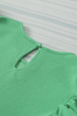 image-Green Ribbed Knit Puffy Ruffle Sleeve Blouse