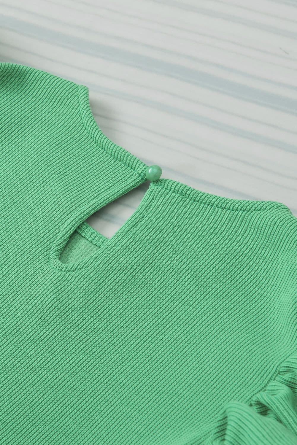 image-Green Ribbed Knit Puffy Ruffle Sleeve Blouse