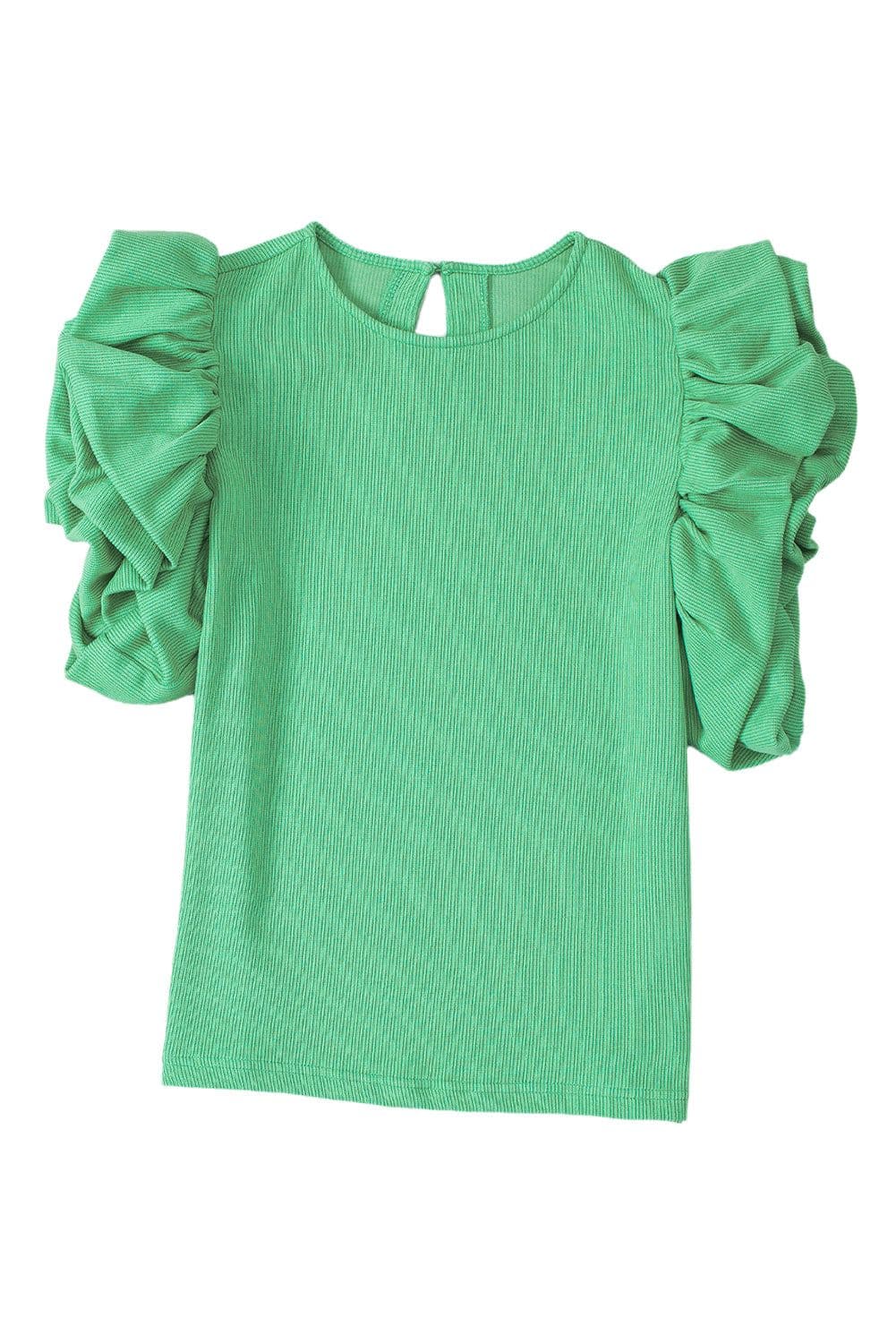 image-Green Ribbed Knit Puffy Ruffle Sleeve Blouse