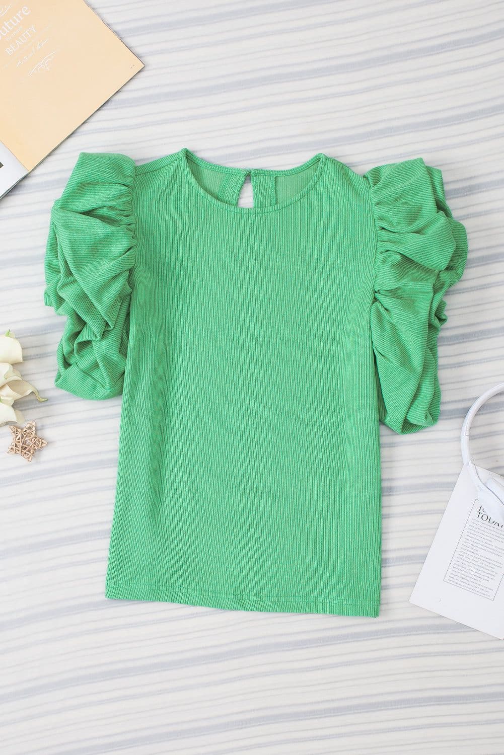 image-Green Ribbed Knit Puffy Ruffle Sleeve Blouse