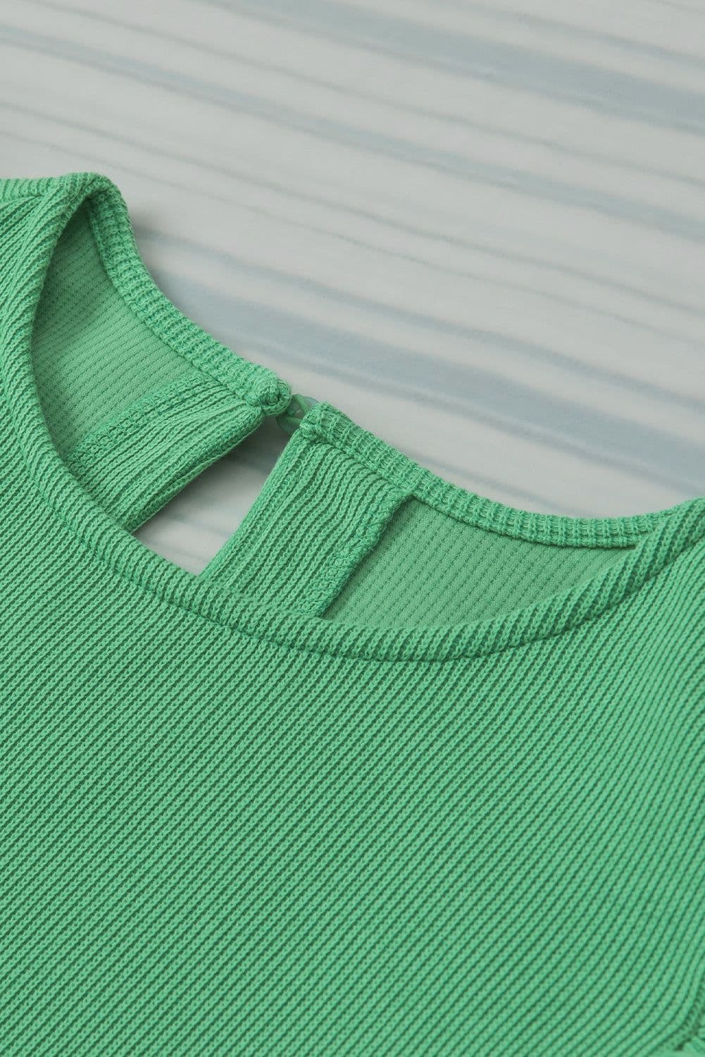 image-Green Ribbed Knit Puffy Ruffle Sleeve Blouse