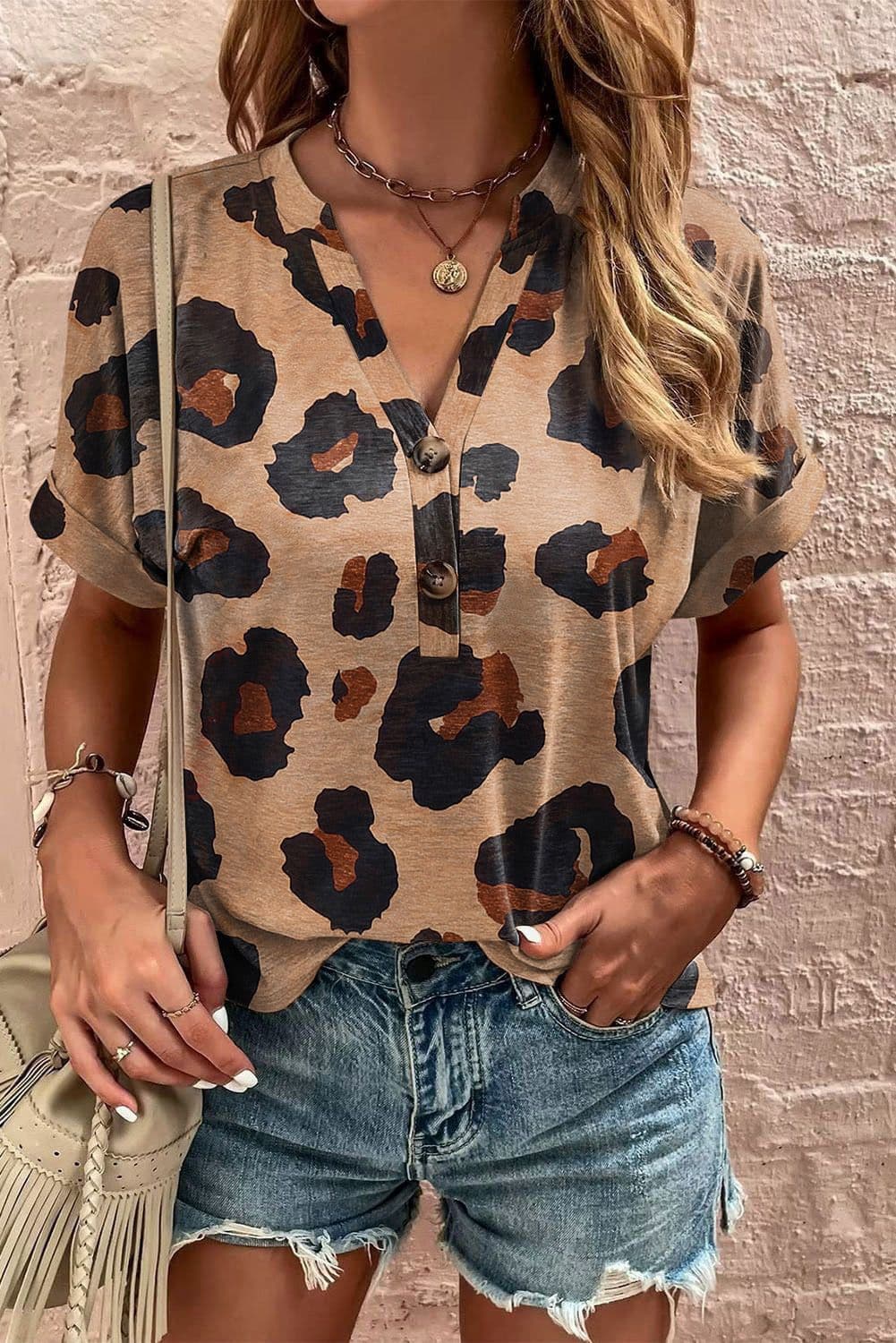 image-Light French Beige Leopard Folded Short Sleeve Buttoned V Neck T Shirt