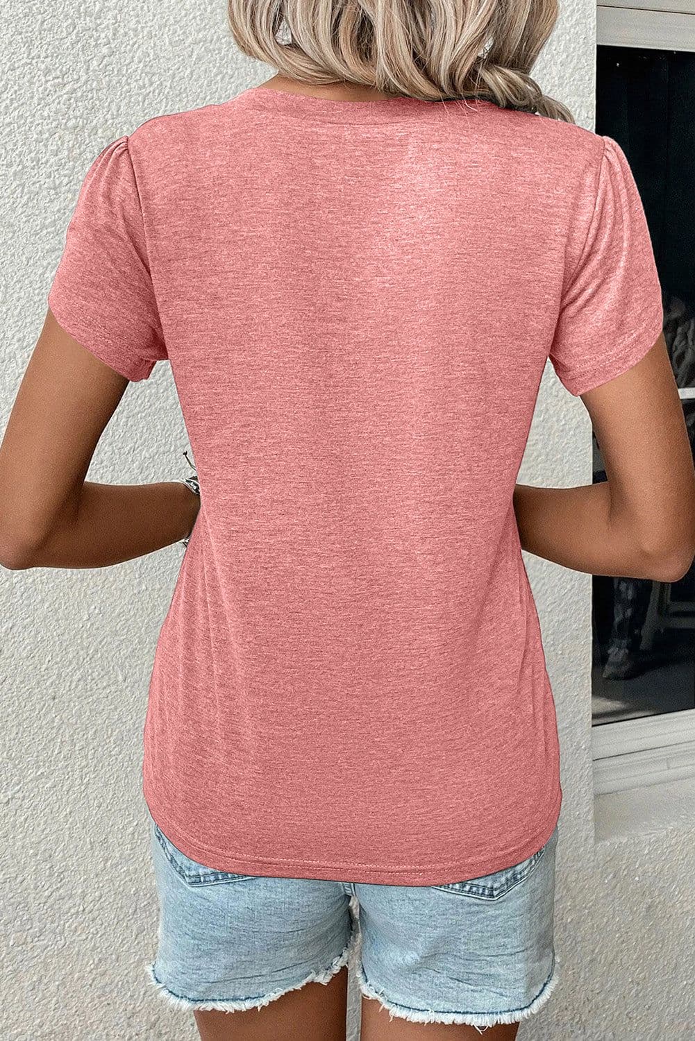 image-Rose Tan Fashion Petal Sleeve V Neck T Shirt