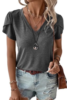 image-Rose Tan Fashion Petal Sleeve V Neck T Shirt