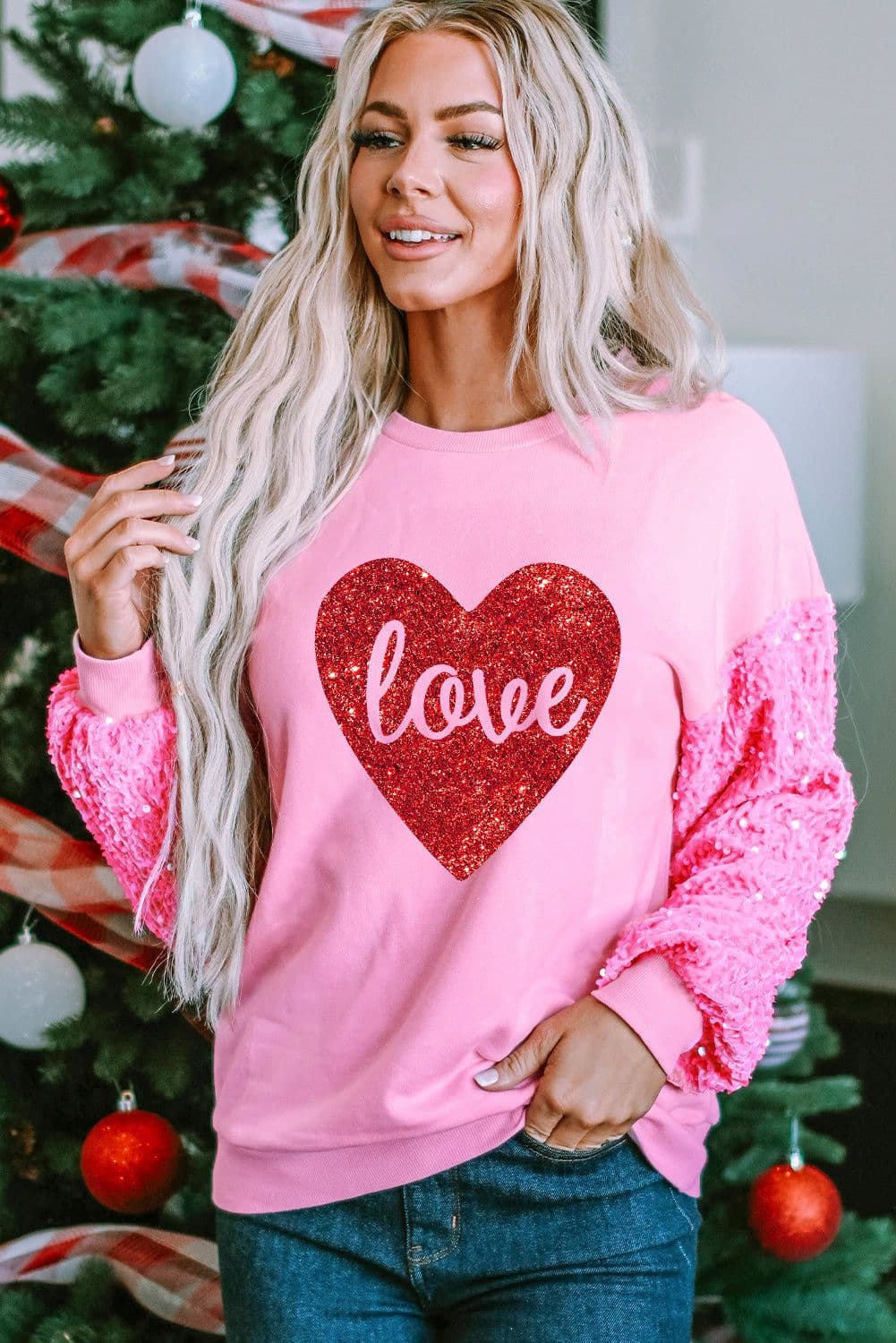 image-Pink Shiny Heart Shape love Print Sequined Sleeve Sweatshirt