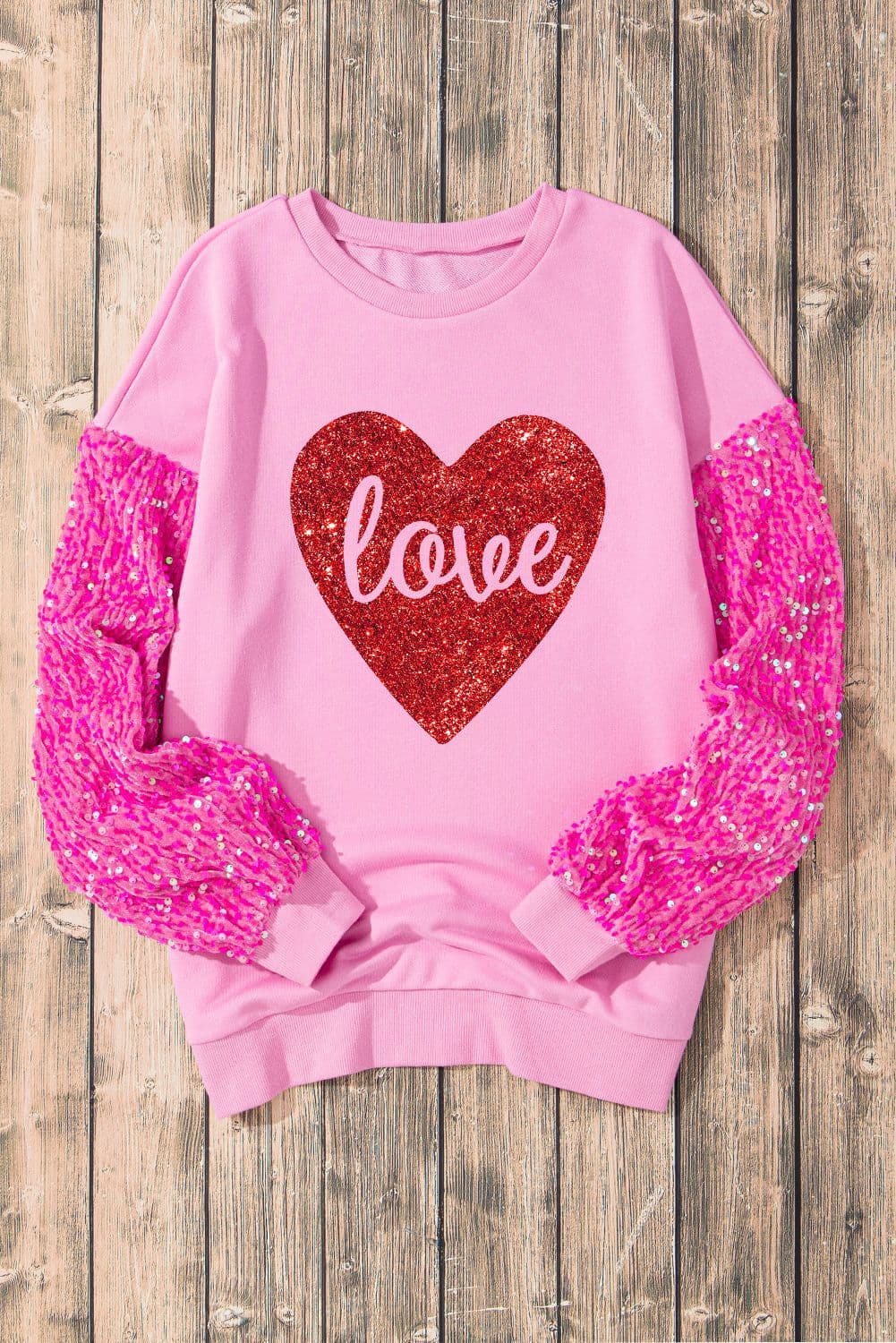 image-Pink Shiny Heart Shape love Print Sequined Sleeve Sweatshirt