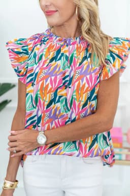 image-Rose Red Floral Print Ruffled Flutter Sleeve Blouse