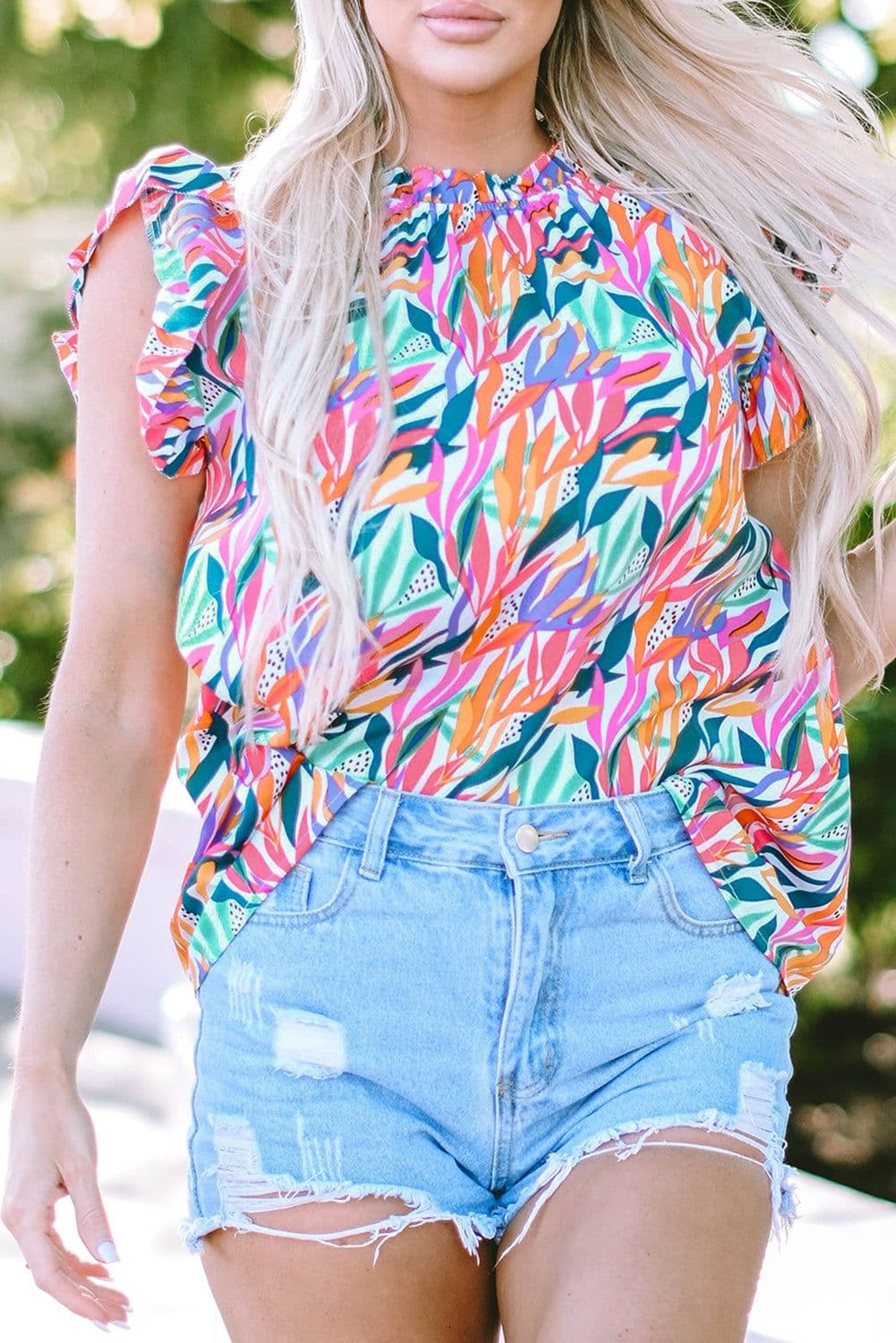 image-Rose Red Floral Print Ruffled Flutter Sleeve Blouse