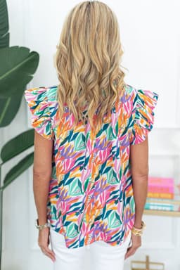 image-Rose Red Floral Print Ruffled Flutter Sleeve Blouse