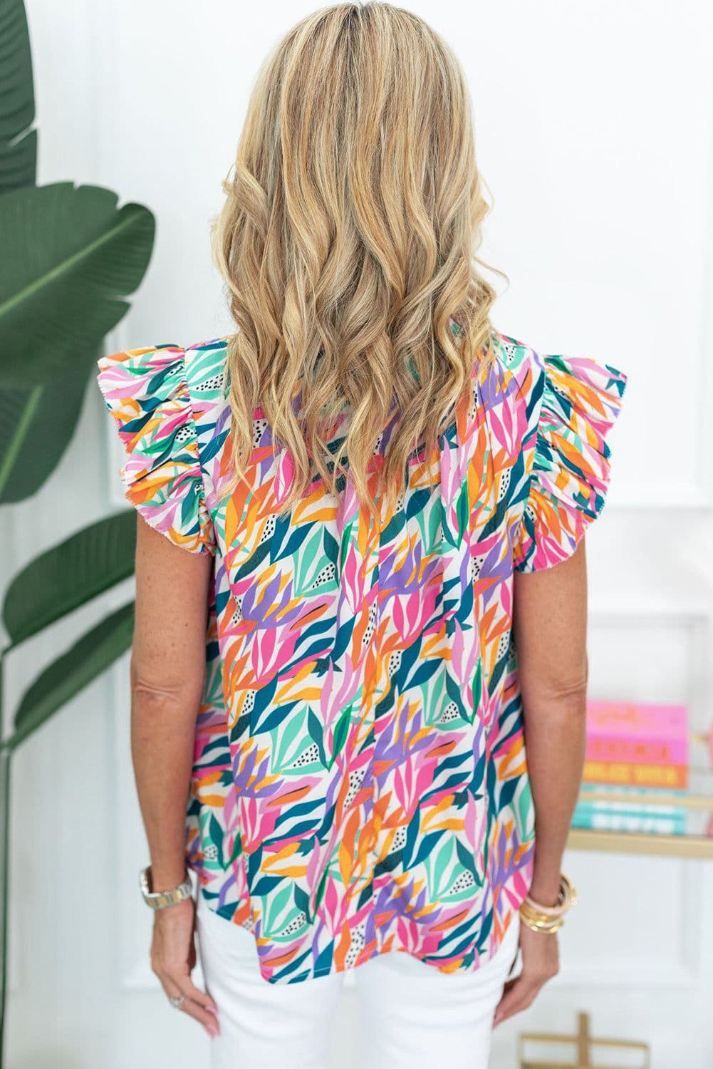 image-Rose Red Floral Print Ruffled Flutter Sleeve Blouse