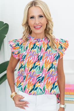 image-Rose Red Floral Print Ruffled Flutter Sleeve Blouse