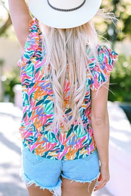 image-Rose Red Floral Print Ruffled Flutter Sleeve Blouse