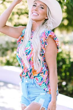 image-Rose Red Floral Print Ruffled Flutter Sleeve Blouse