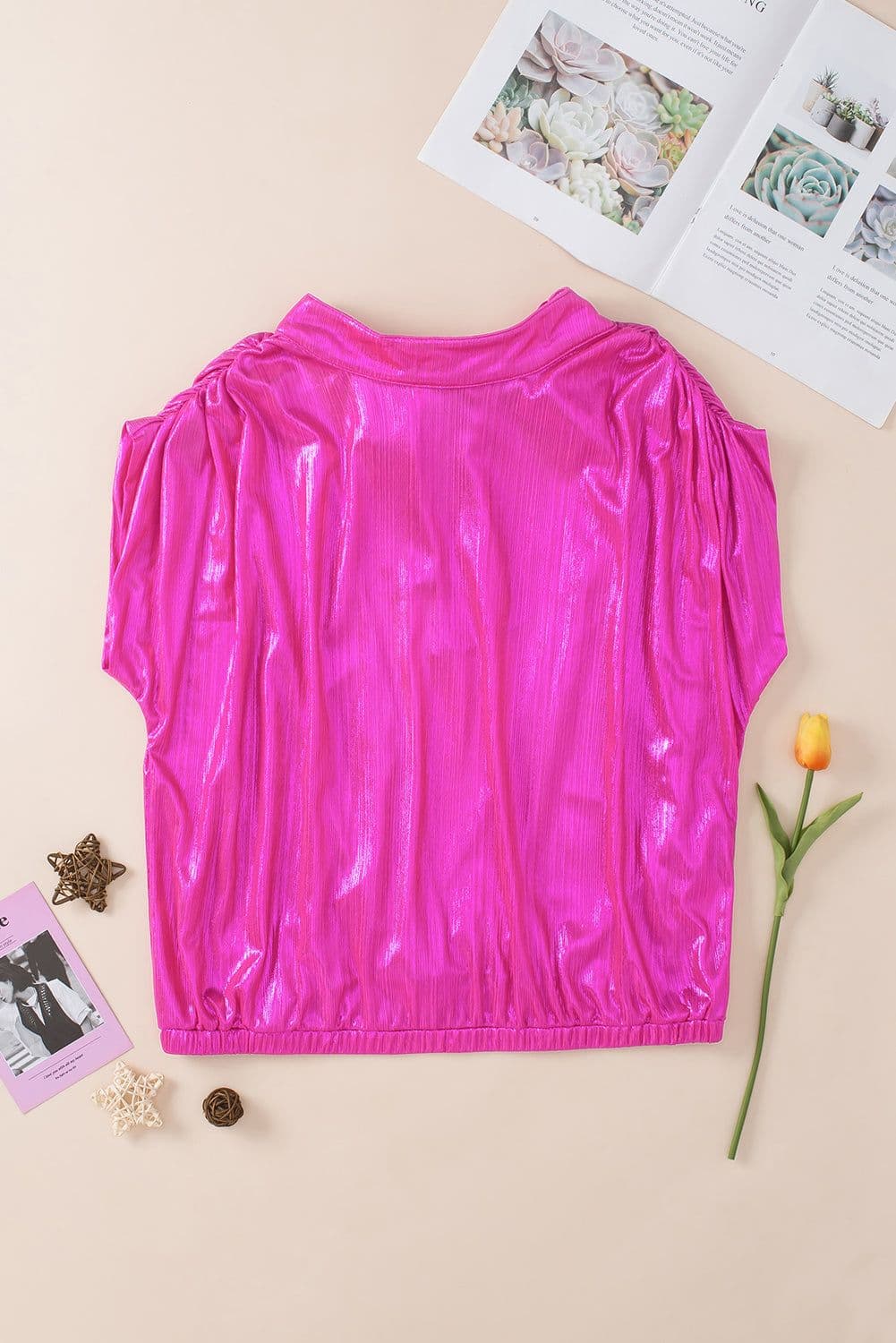 image-Bright Pink Ruched Sleeves Knotted Backless Blouse