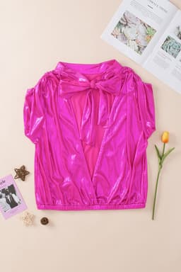 image-Bright Pink Ruched Sleeves Knotted Backless Blouse