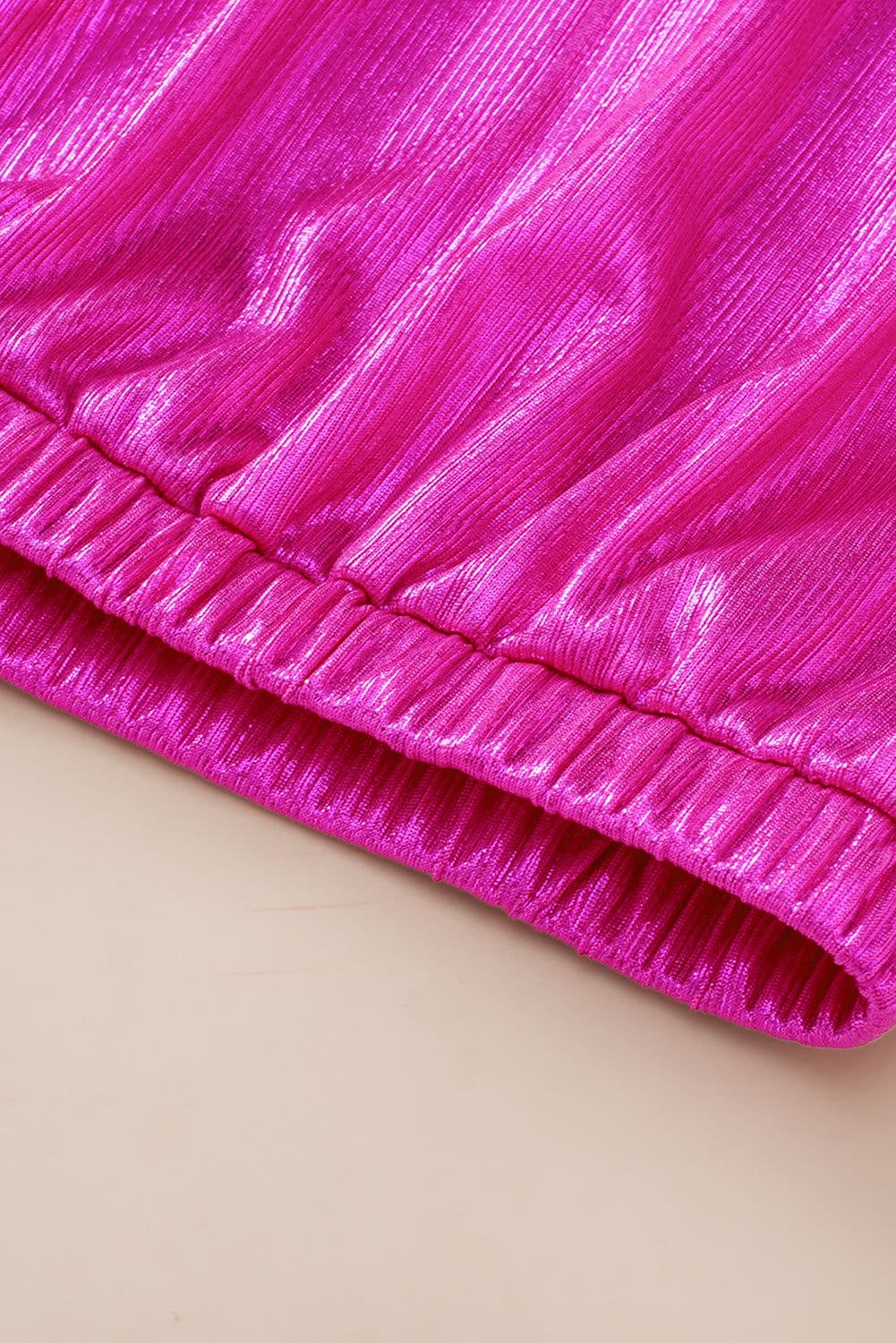 image-Bright Pink Ruched Sleeves Knotted Backless Blouse