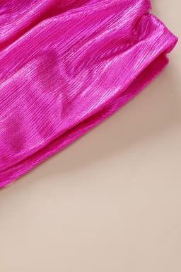 image-Bright Pink Ruched Sleeves Knotted Backless Blouse