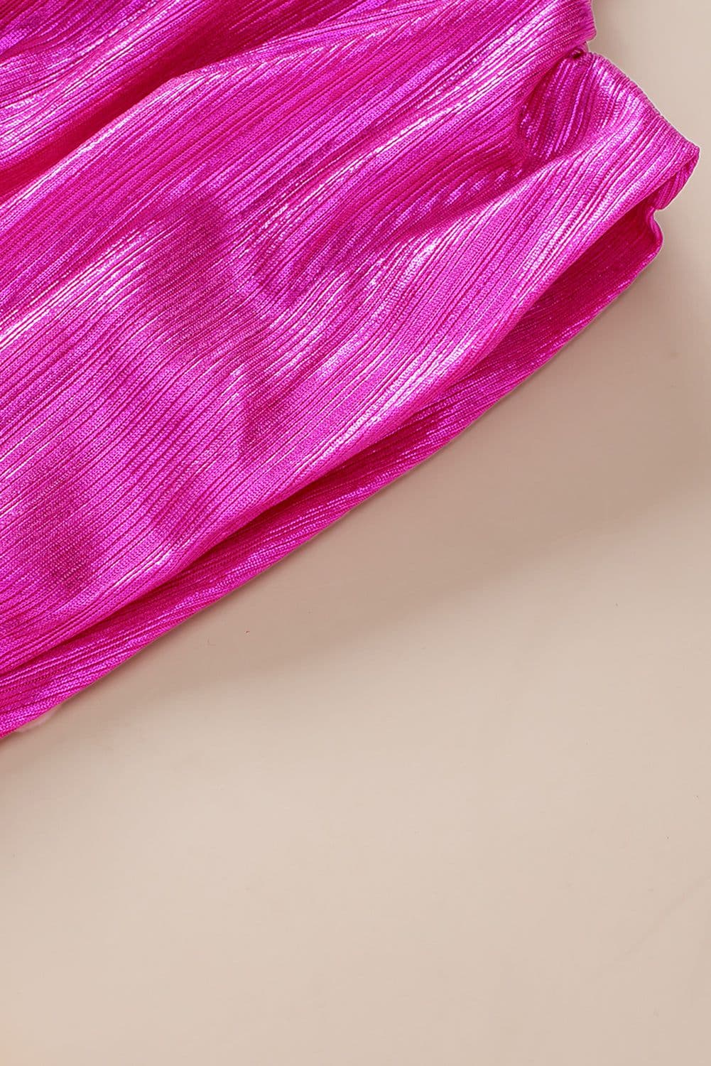 image-Bright Pink Ruched Sleeves Knotted Backless Blouse