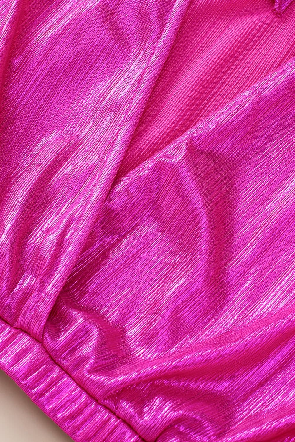 image-Bright Pink Ruched Sleeves Knotted Backless Blouse