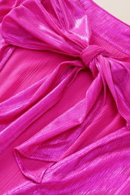 image-Bright Pink Ruched Sleeves Knotted Backless Blouse