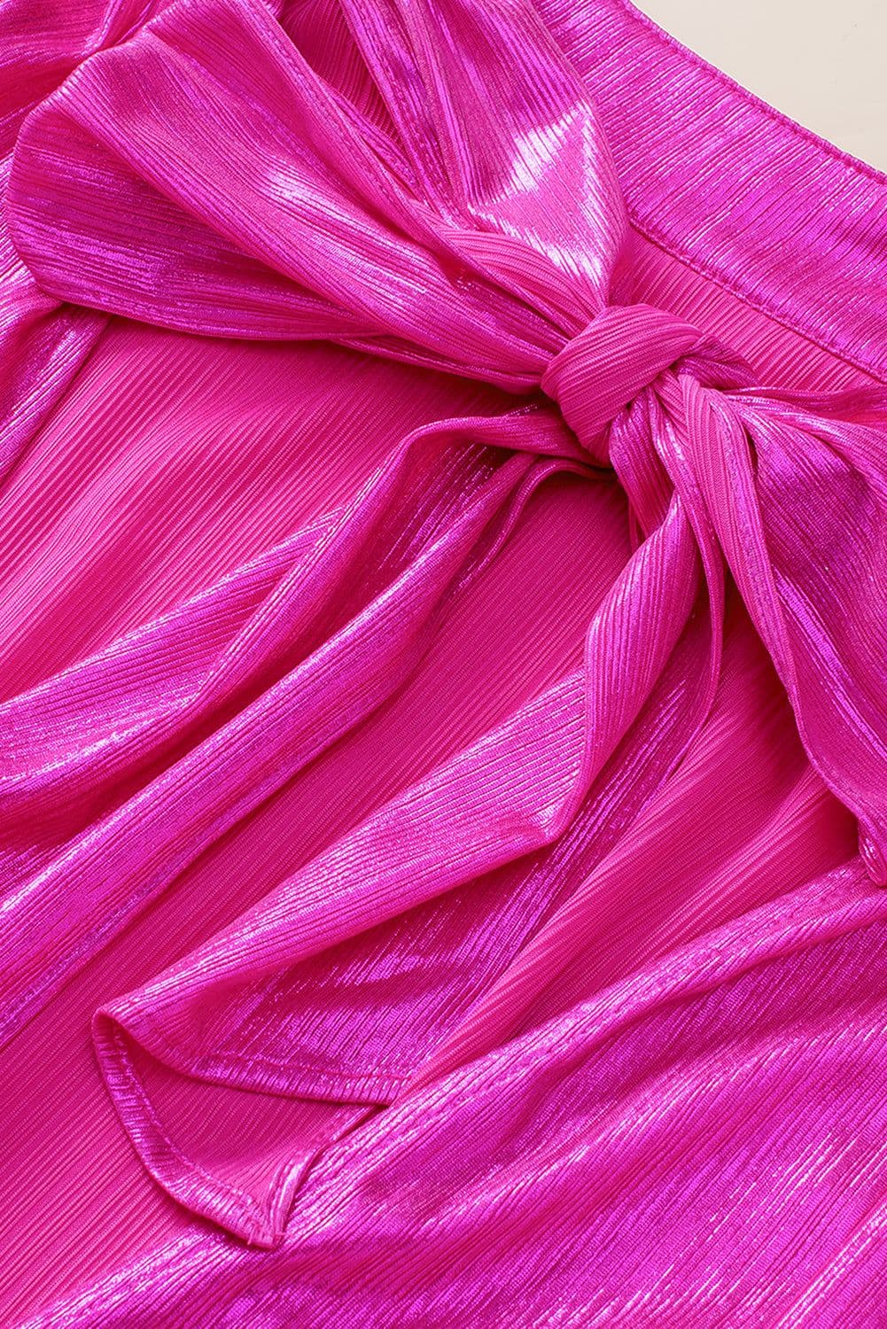 image-Bright Pink Ruched Sleeves Knotted Backless Blouse