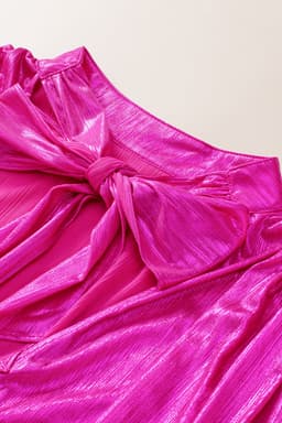 image-Bright Pink Ruched Sleeves Knotted Backless Blouse
