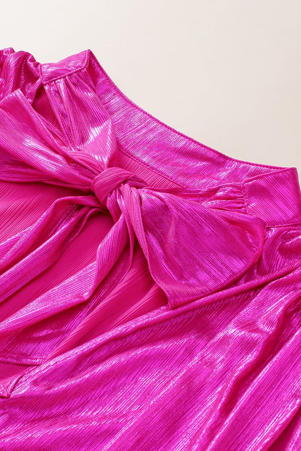 image-Bright Pink Ruched Sleeves Knotted Backless Blouse