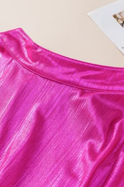 image-Bright Pink Ruched Sleeves Knotted Backless Blouse