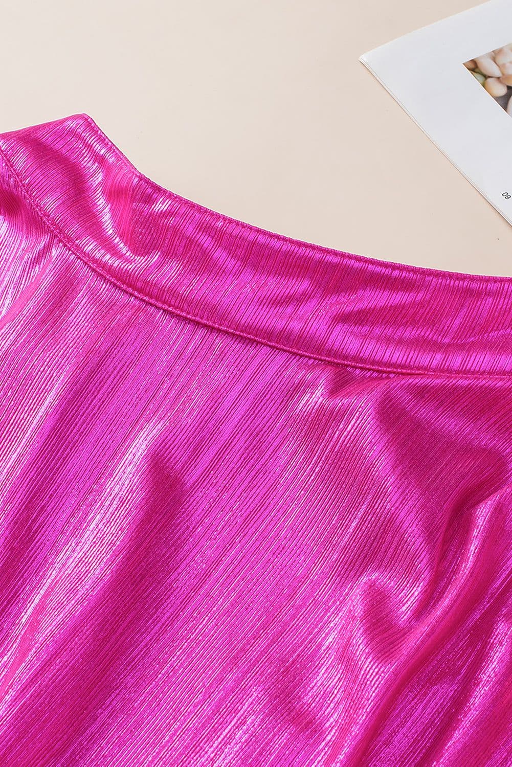 image-Bright Pink Ruched Sleeves Knotted Backless Blouse