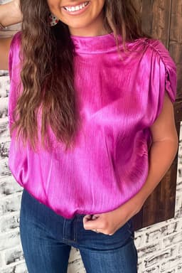 image-Bright Pink Ruched Sleeves Knotted Backless Blouse