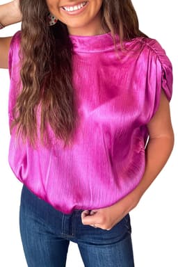 image-Bright Pink Ruched Sleeves Knotted Backless Blouse