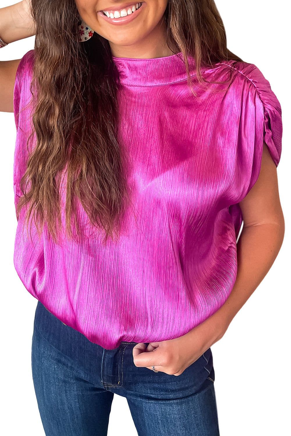 image-Bright Pink Ruched Sleeves Knotted Backless Blouse