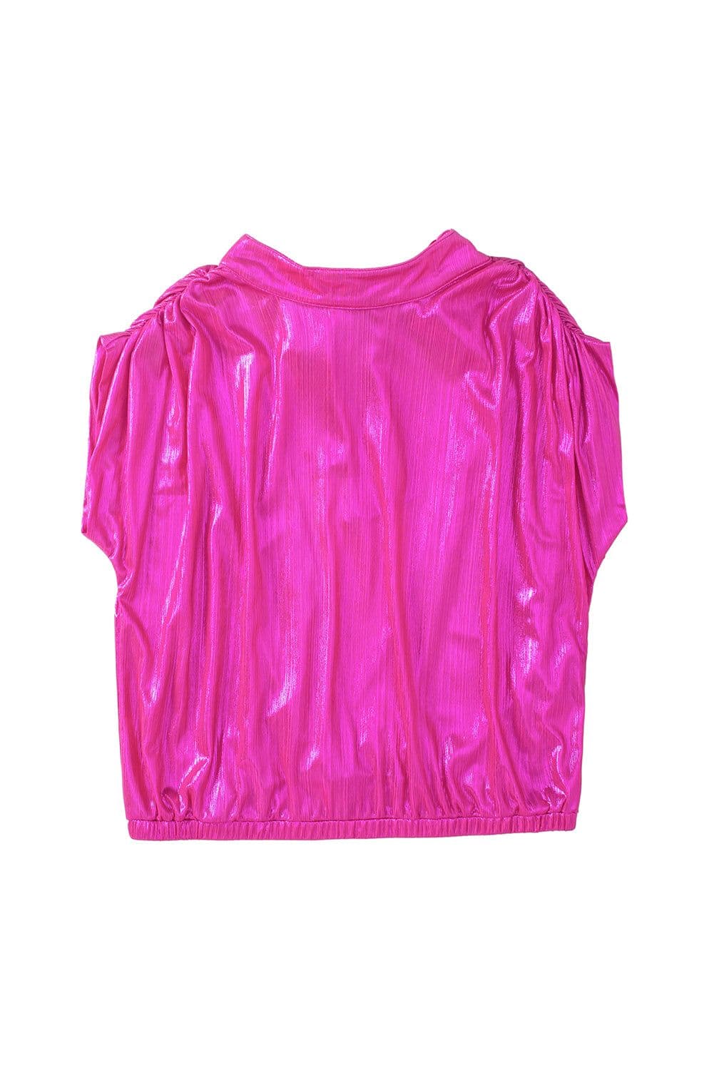 image-Bright Pink Ruched Sleeves Knotted Backless Blouse