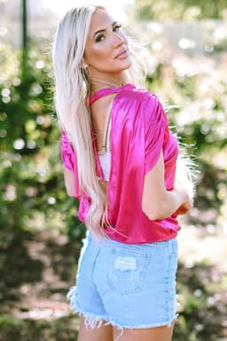 image-Bright Pink Ruched Sleeves Knotted Backless Blouse