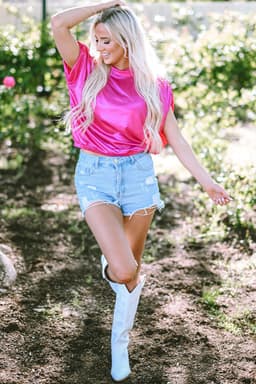 image-Bright Pink Ruched Sleeves Knotted Backless Blouse