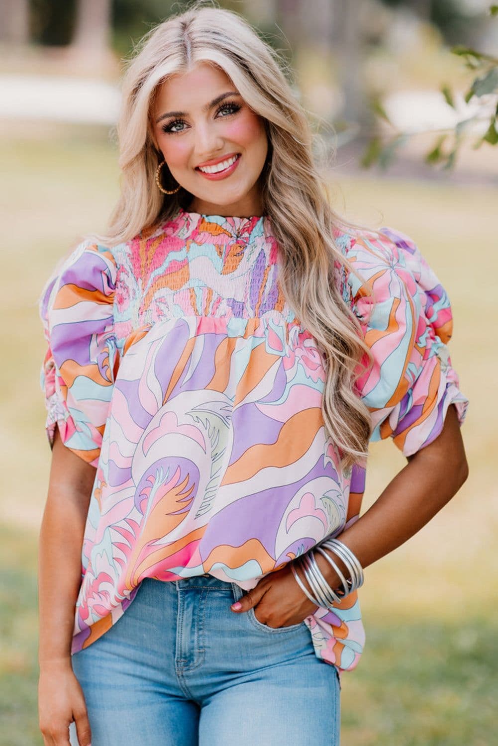 image-Green Abstract Print Bubble Sleeve Smock Detail Blouse